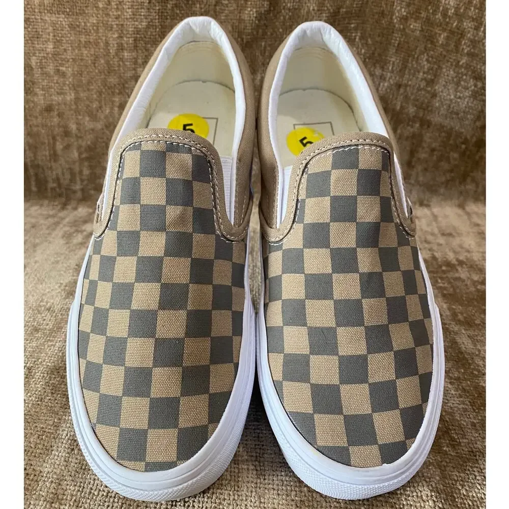 Vans Classic Slip-On Brown Tan Checkerboard Canvas Women's 6.5 Men's 5 LIKE NEW